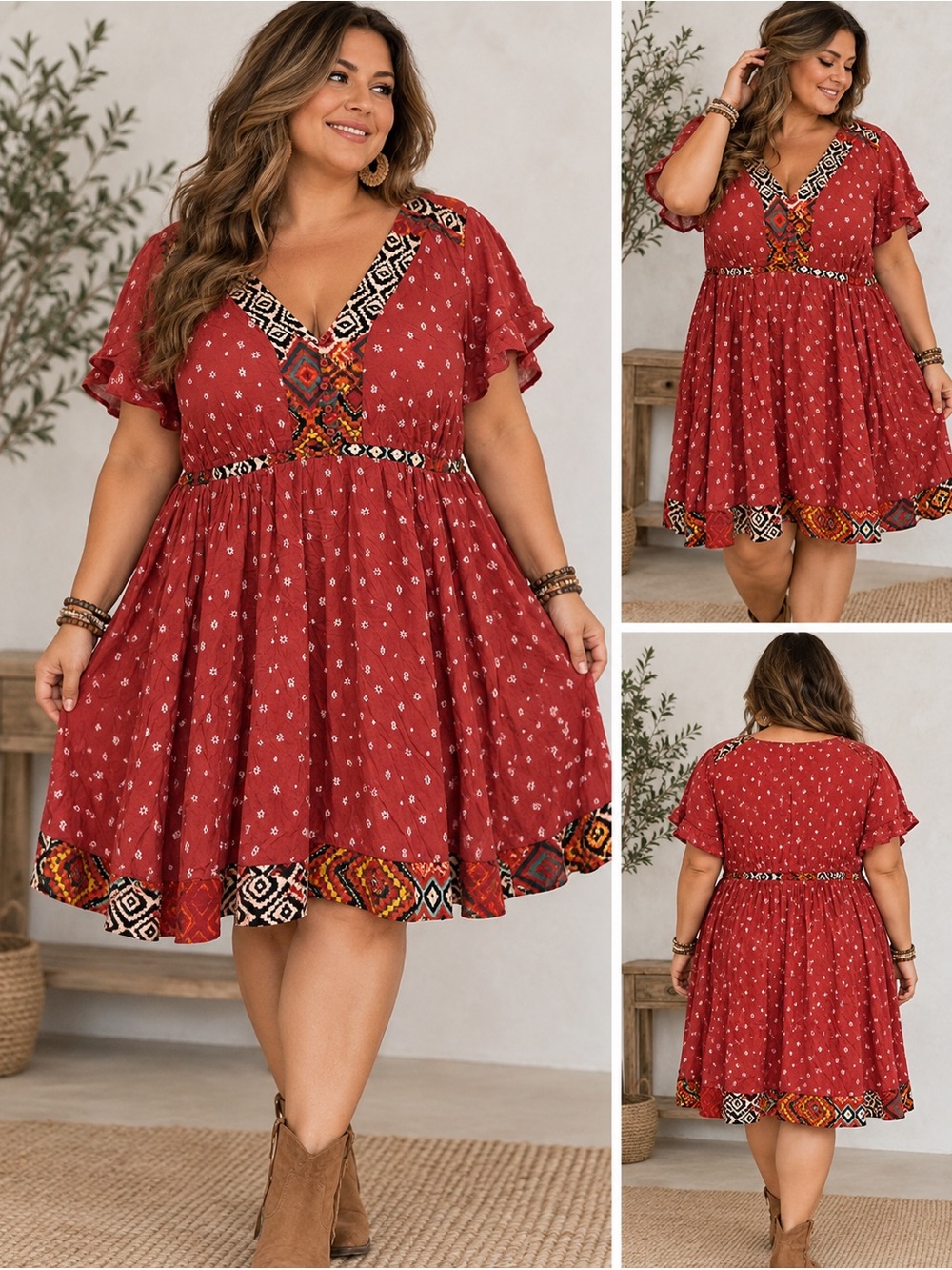 torrid Rust Red Boho V-Neck Mini Dress with Tribal Trim